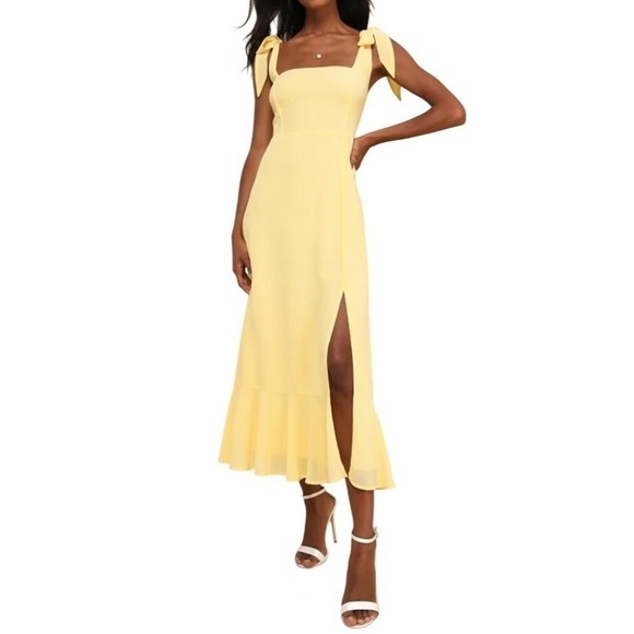 Lulus Dresses & Skirts - NWT Lulus Summer Invite Yellow Tie-Strap Tiered Midi Dress Size XXL Bridesmaid